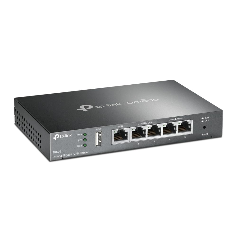 TP-LINK ER605 5 Port Dual/Multiple WAN VPN Router(bis zu 4 Gigabit WAN Ports, hochsicheres, Omada SDN, zentrales Management, intelligente Überwachung, Firewall) schwarz, ideal für Büronetzwerk