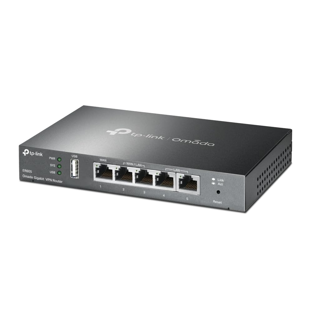 TP-LINK ER605 5 Port Dual/Multiple WAN VPN Router(bis zu 4 Gigabit WAN Ports, hochsicheres, Omada SDN, zentrales Management, intelligente Überwachung, Firewall) schwarz, ideal für Büronetzwerk
