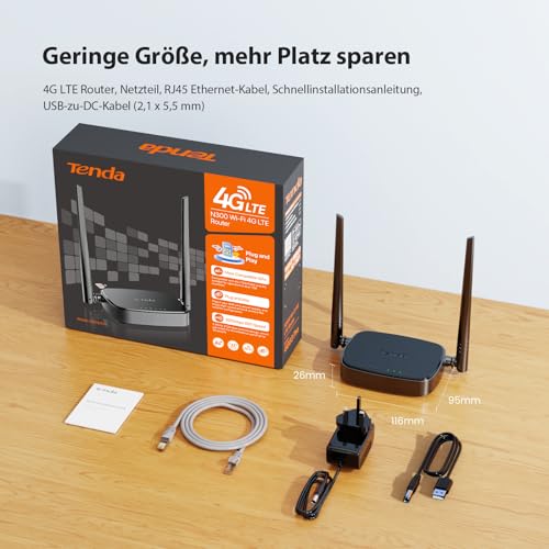Tenda 4G03 Pro 4G LTE Router, WLAN Router für Nano-SIM-Karten (N300 CAT4, 150 Mbit/s im Download, 300 Mbit/s 2,4GHz) 2*4dBi Antennen, Plug & Play, Fast-Ethernet-Port, App, Router Modus, LED, Schwarz