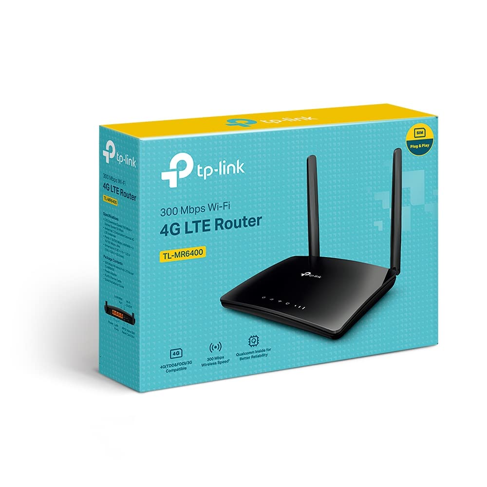 TP-Link TL-MR6400 LTE Router, 4G Router unterstützt SIM Karten, 4G Cat4 bis zu 150 Mbit/s, WLAN 2.4GHz N300, 4x 100 Mbps Ports, Plug and Play, bis zu 32 Geräte, Kindersicherung, Gast-Netzwerk, Schwarz