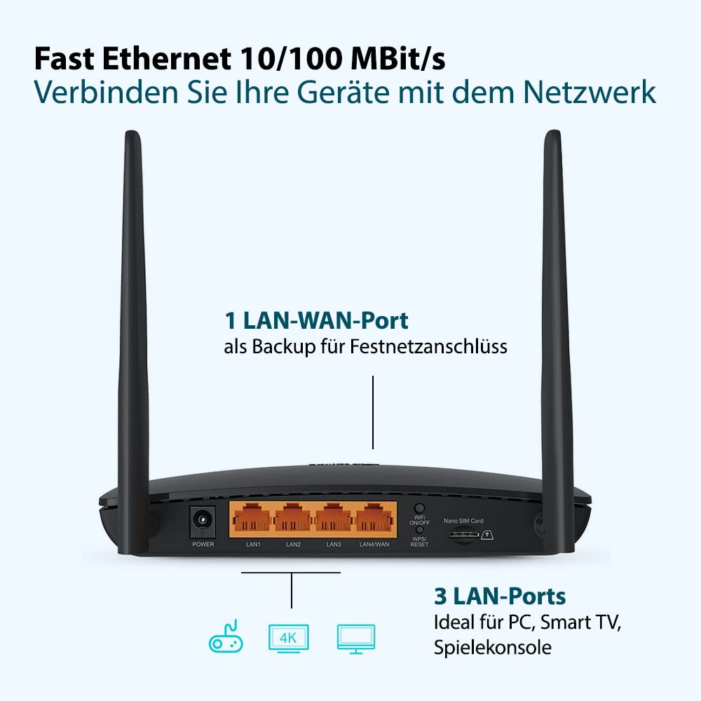 TP-Link TL-MR6400 LTE Router, 4G Router unterstützt SIM Karten, 4G Cat4 bis zu 150 Mbit/s, WLAN 2.4GHz N300, 4x 100 Mbps Ports, Plug and Play, bis zu 32 Geräte, Kindersicherung, Gast-Netzwerk, Schwarz