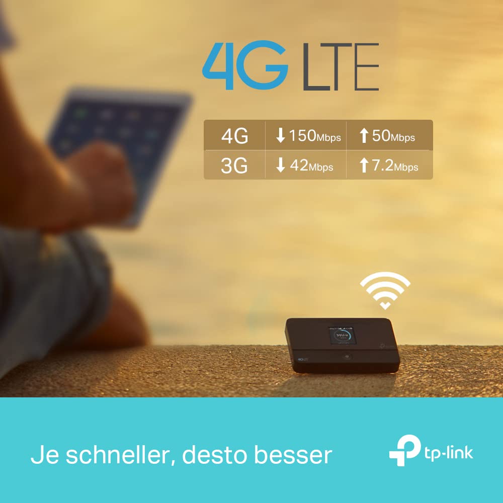 TP-Link M7350 - 4G (CAT4) Tragbarer WLAN-Router, MiFi, Farbbildschirm, 150 Mbit/s, 2000-mAh-Akku (8 Std.), Verbindung von 10 Geräten gleichzeitig, einfache Konfiguration, Farbe Schwarz