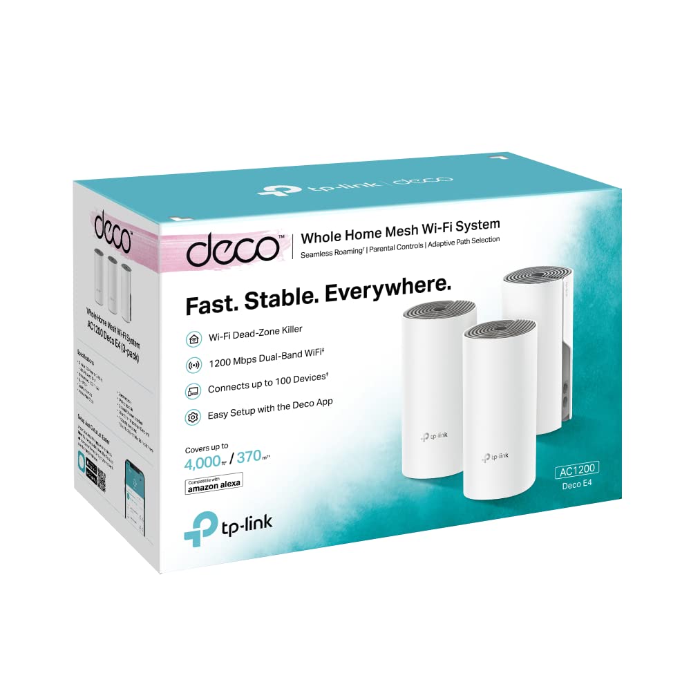 TP-Link Deco E4 Mesh WLAN Set (3er Pack), AC1200 Dual Band Router & Repeater (Reichweite bis zu 370m², ideal für große Häuser mit mehreren Geräten, 6x 100Mbit/s Ports) weiß