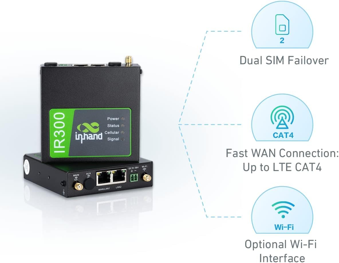 InHand Networks IR302 kompakter Industrie 4G Router, Dual SIM, LTE CAT 4, Wi-Fi, IoT VPN Router,Externe Antenne,Verwaltung über Cloud-Plattform,kompatibel mit jedem Mobilfunk-Provider,Wohnmobil WLAN