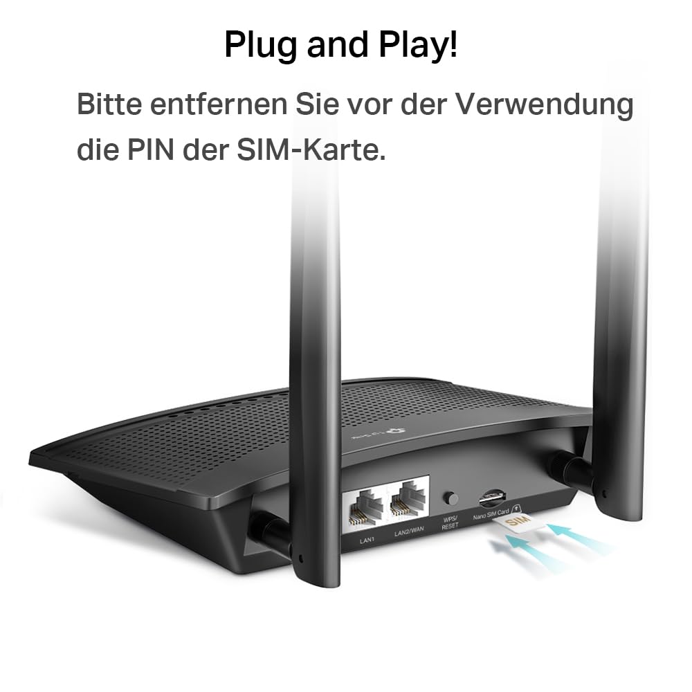 TP-Link TL-MR100 LTE Router, 4G Router unterstützt SIM Karten, 4G Cat4 bis zu 150 Mbit/s, WLAN 2.4GHz N300, 2x 100 Mbps Ports, Plug and Play, bis zu 32 Geräte, Kindersicherung, Gast-Netzwerk
