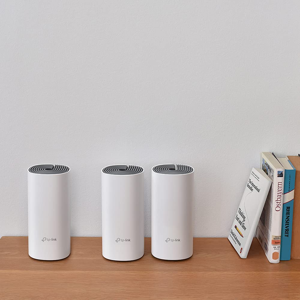 TP-Link Deco E4 Mesh WLAN Set (3er Pack), AC1200 Dual Band Router & Repeater (Reichweite bis zu 370m², ideal für große Häuser mit mehreren Geräten, 6x 100Mbit/s Ports) weiß
