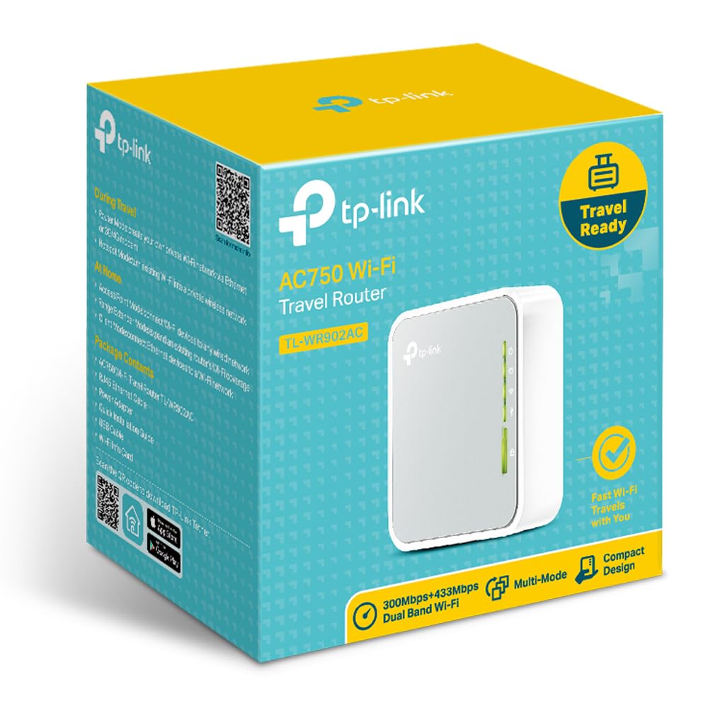 TP-Link TL-WR902AC AC750 WLAN Nano Router (433Mbit/s (5GHz) +300Mbit/s (2,4GHz) (tragbar, Accesspoint, TV Adapter, Repeater, Router, Client, Media, FTP Server), weiß/ grau