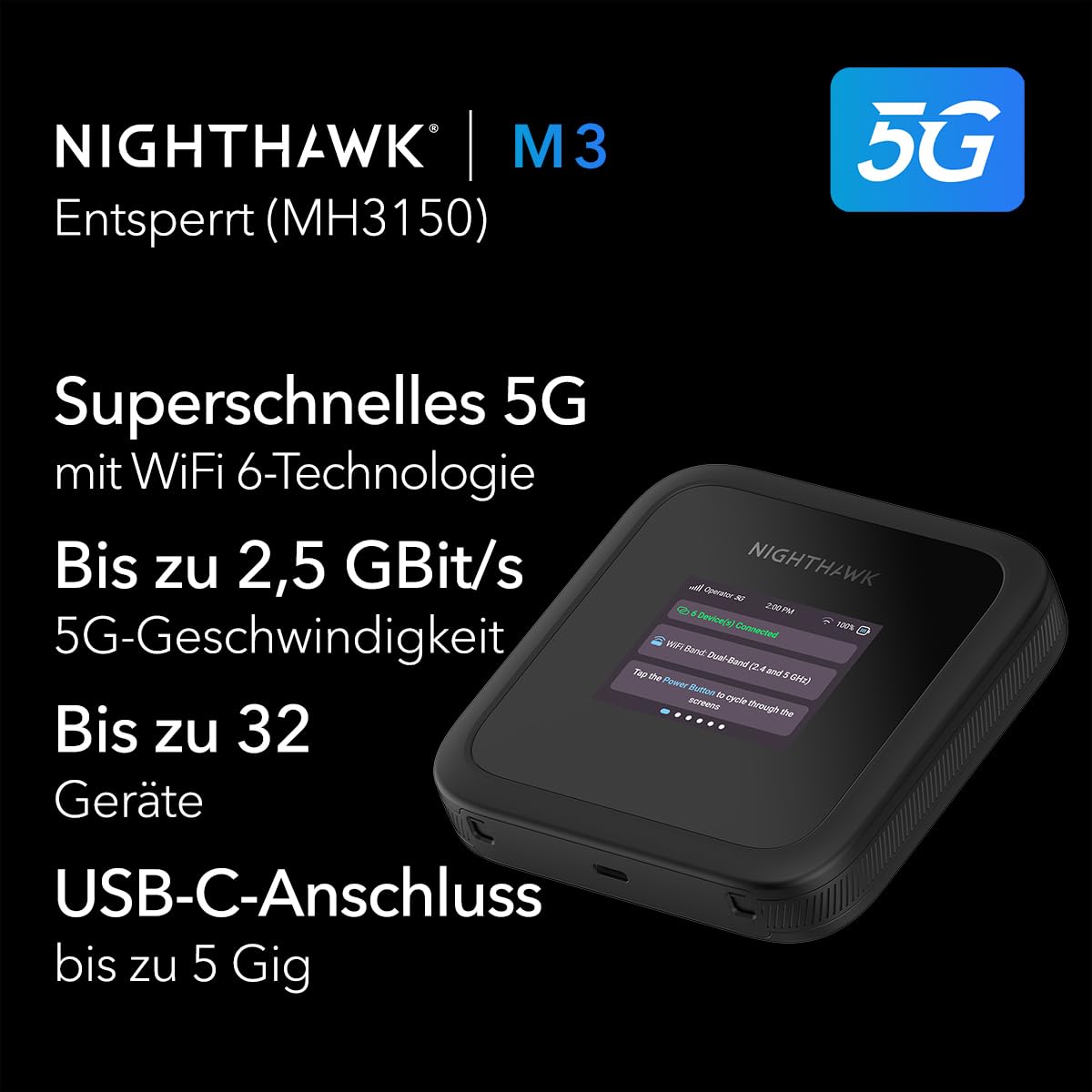 NETGEAR Nighthawk M3 – 5G Router SIM Karte, Mobiler WLAN Router | bis zu 2,5 GBit/s – SIM-Steckplatz entsperrt – Tragbarer WLAN-Hotspot z– 5G- und 4G-MiFi, bis zu 32 Geräte (MH3150)