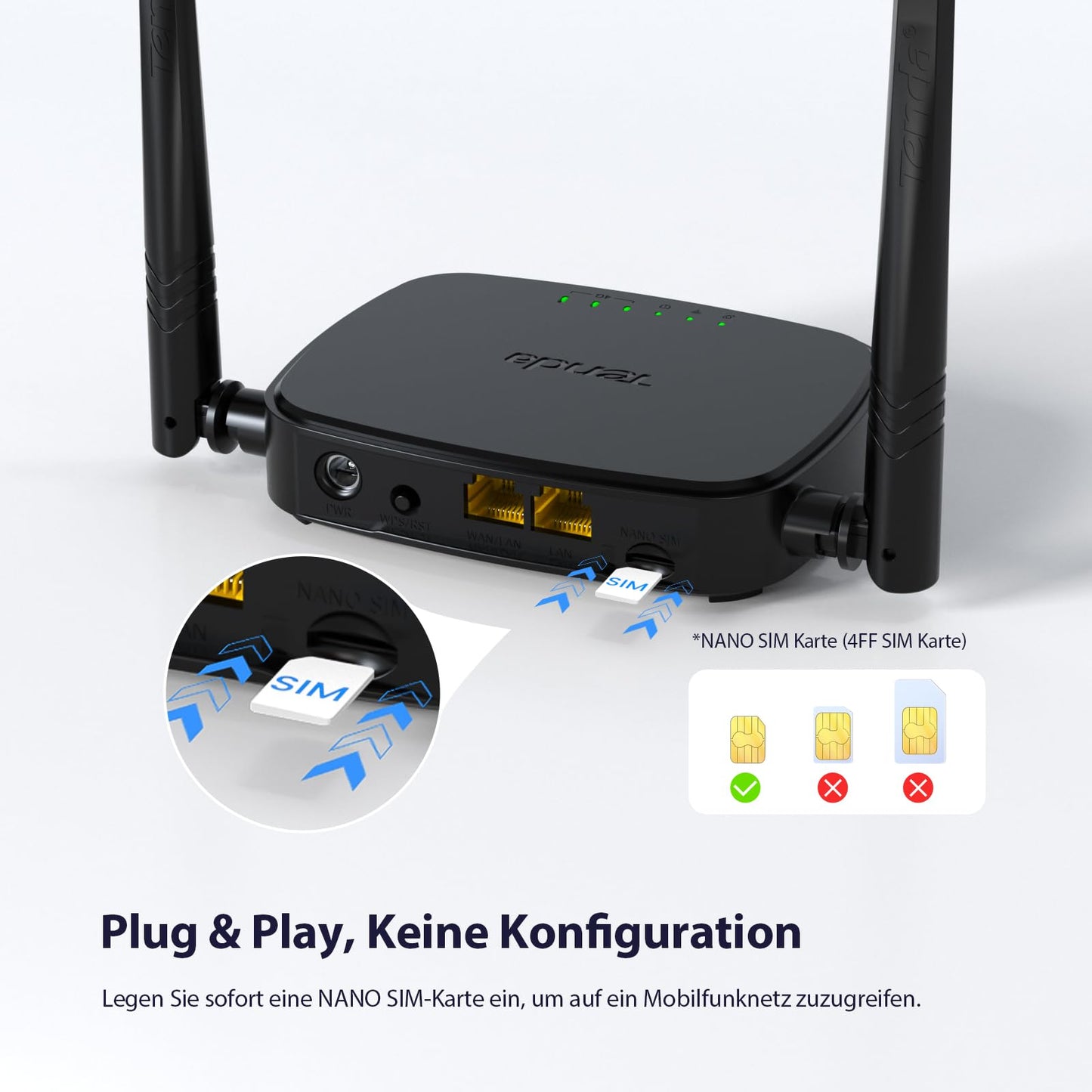 Tenda 4G03 Pro 4G LTE Router, WLAN Router für Nano-SIM-Karten (N300 CAT4, 150 Mbit/s im Download, 300 Mbit/s 2,4GHz) 2*4dBi Antennen, Plug & Play, Fast-Ethernet-Port, App, Router Modus, LED, Schwarz