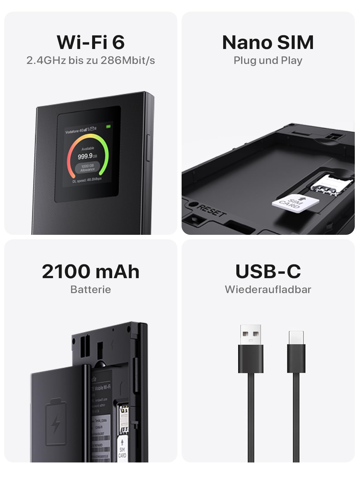 Tenda Mobiler WLAN Router mit LCD-Anzeige, Wi-Fi 6 Tragbarer Hotspot, 2100mAh Akku, USB-C-Port, Plug & Play, WPA3, 4G-Modem, MiFi, Mini-Größe, kompatibel mit entsperrter Nano-SIM-Karten, MF6