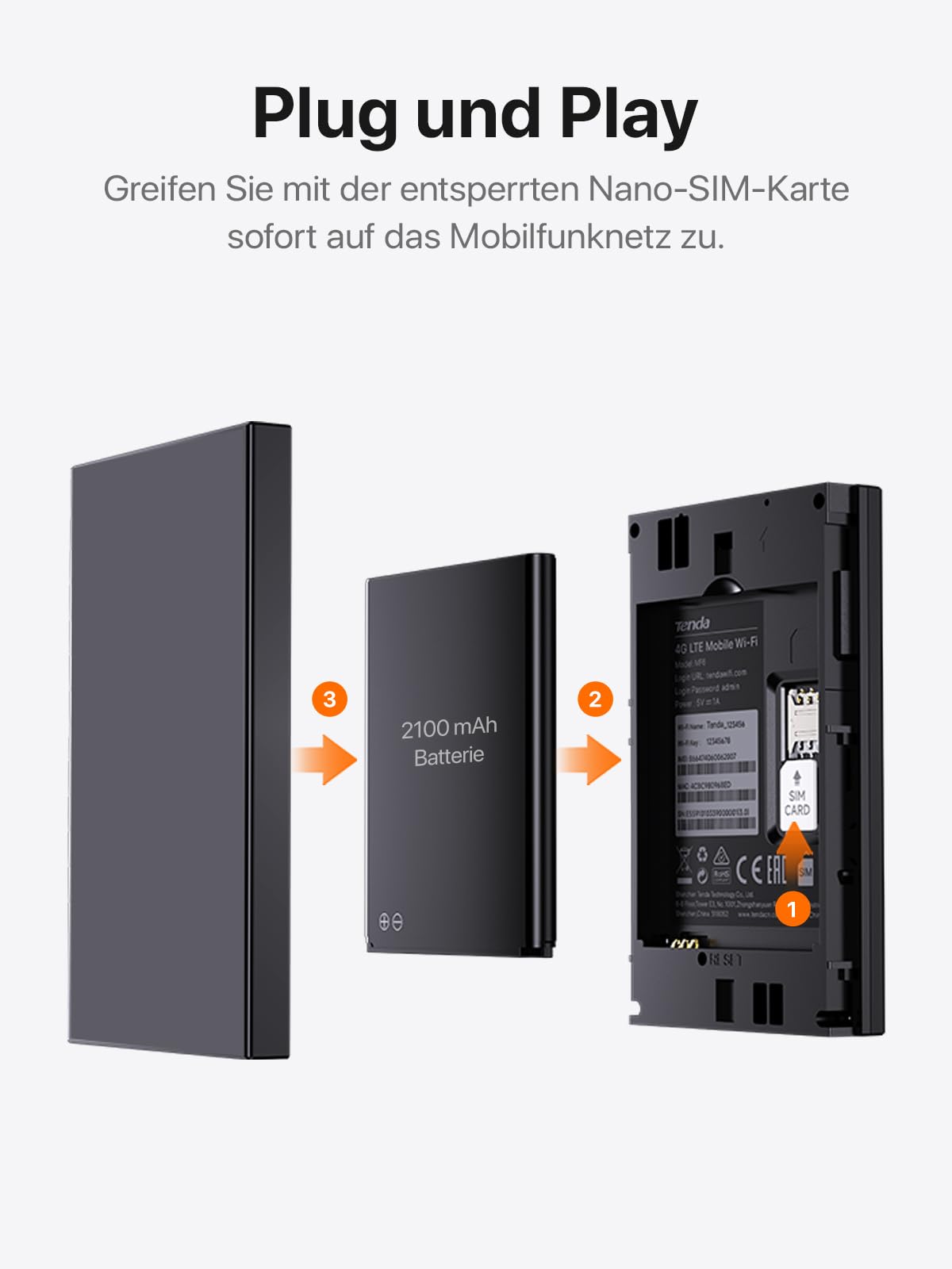 Tenda Mobiler WLAN Router mit LCD-Anzeige, Wi-Fi 6 Tragbarer Hotspot, 2100mAh Akku, USB-C-Port, Plug & Play, WPA3, 4G-Modem, MiFi, Mini-Größe, kompatibel mit entsperrter Nano-SIM-Karten, MF6