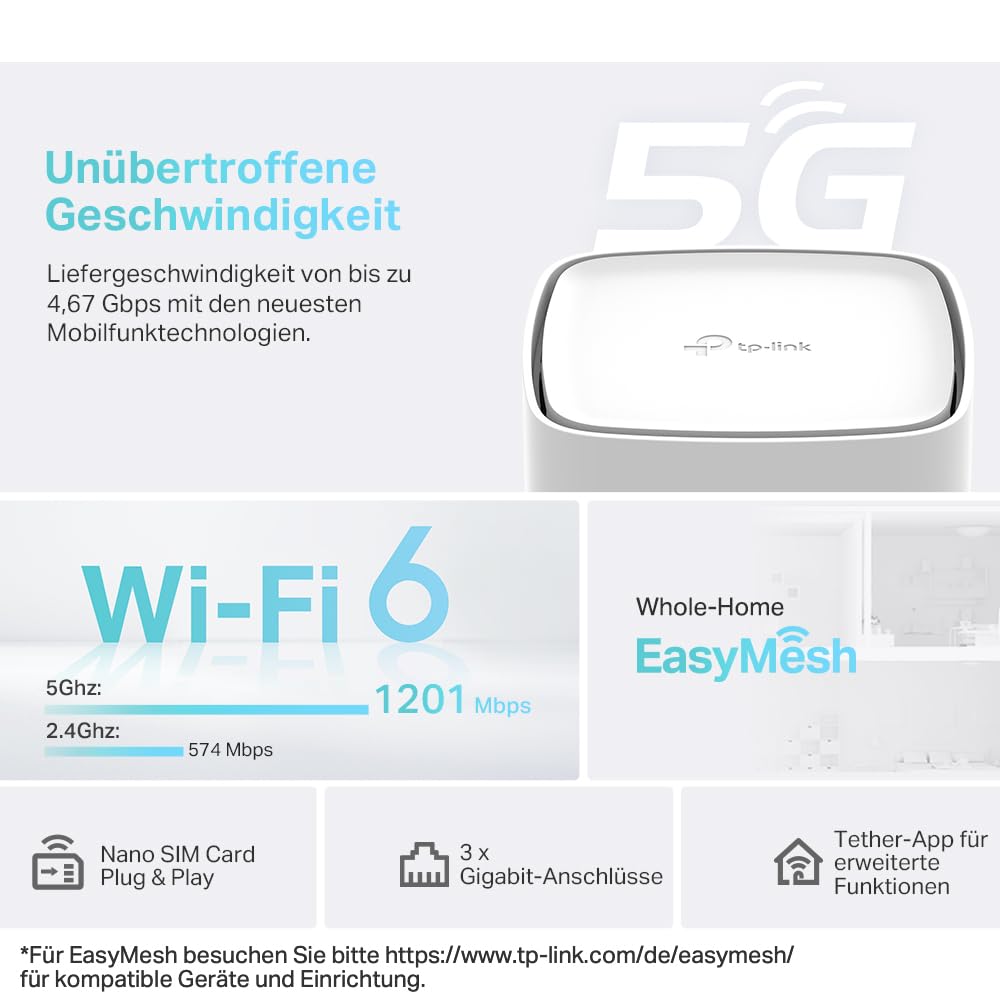 TP-Link Archer NX200 LTE WLAN Router, 5G Router SIM-Karte, AX1800 Dualband-WLAN 6, 3 x Gigabit-Ports, MU-MIMO, Web- und APP-Verwaltung, Plug-and-Play