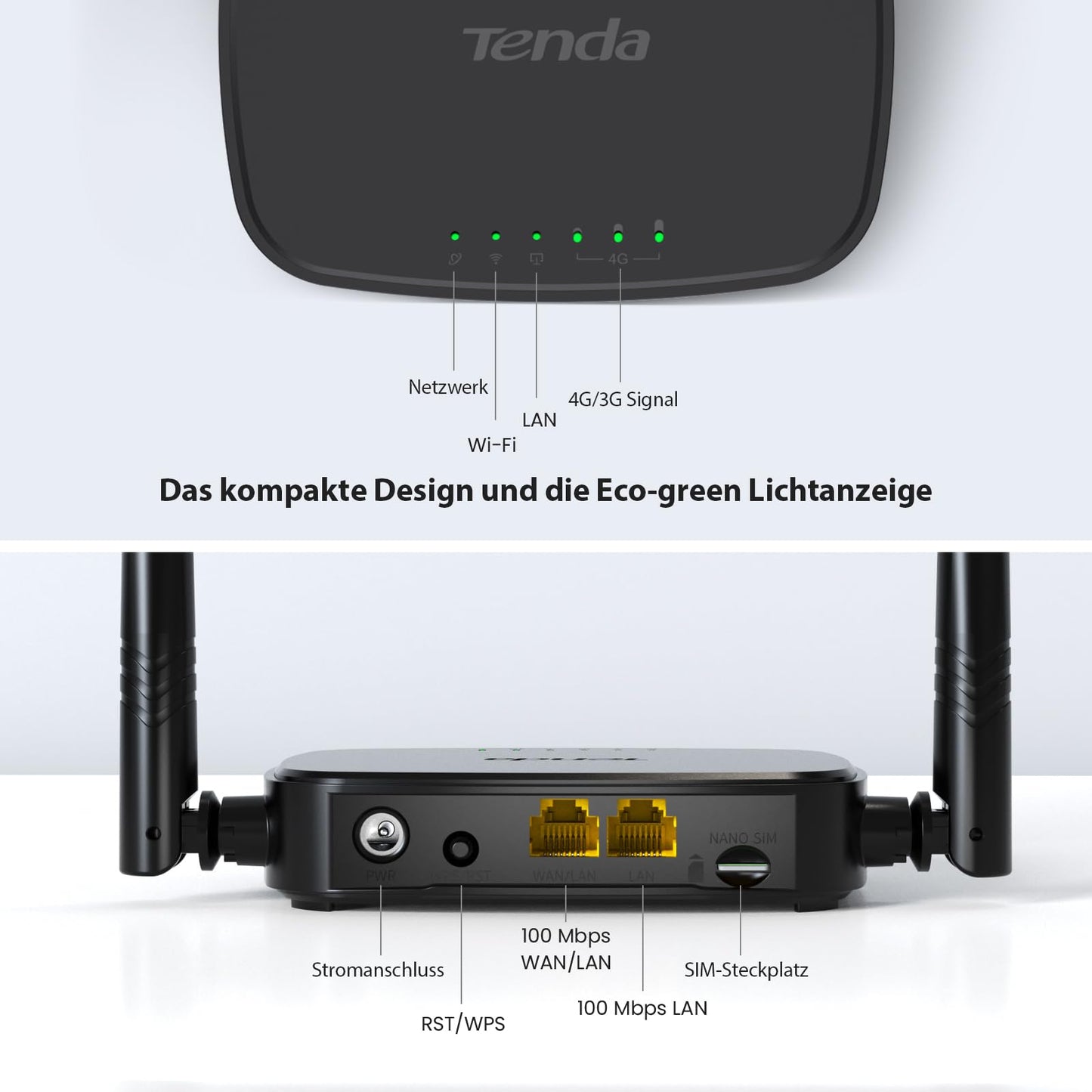 Tenda 4G03 Pro 4G LTE Router, WLAN Router für Nano-SIM-Karten (N300 CAT4, 150 Mbit/s im Download, 300 Mbit/s 2,4GHz) 2*4dBi Antennen, Plug & Play, Fast-Ethernet-Port, App, Router Modus, LED, Schwarz
