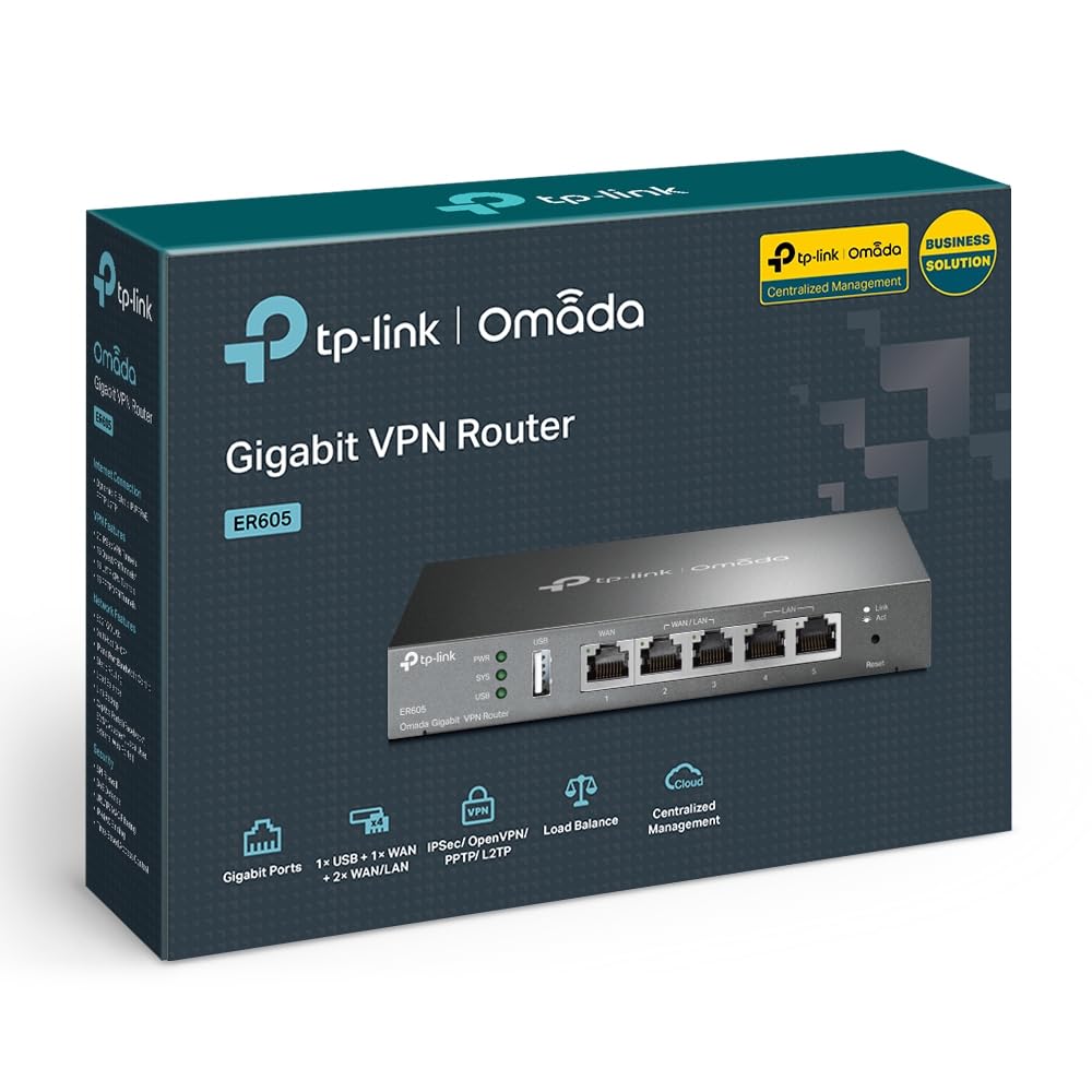 TP-LINK ER605 5 Port Dual/Multiple WAN VPN Router(bis zu 4 Gigabit WAN Ports, hochsicheres, Omada SDN, zentrales Management, intelligente Überwachung, Firewall) schwarz, ideal für Büronetzwerk