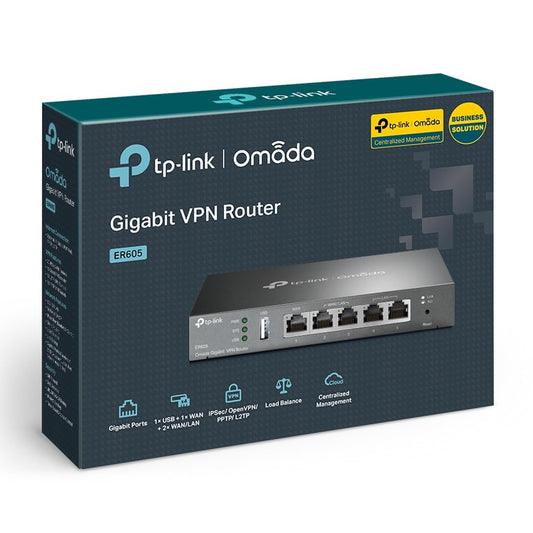 TP-LINK ER605 5 Port Dual/Multiple WAN VPN Router(bis zu 4 Gigabit WAN Ports, hochsicheres, Omada SDN, zentrales Management, intelligente Überwachung, Firewall) schwarz, ideal für Büronetzwerk