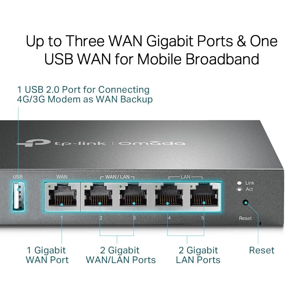 TP-LINK ER605 5 Port Dual/Multiple WAN VPN Router(bis zu 4 Gigabit WAN Ports, hochsicheres, Omada SDN, zentrales Management, intelligente Überwachung, Firewall) schwarz, ideal für Büronetzwerk