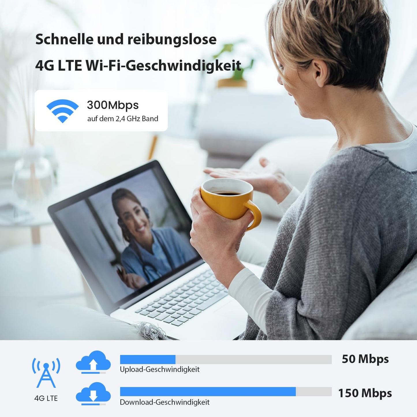Tenda 4G03 Pro 4G LTE Router, WLAN Router für Nano-SIM-Karten (N300 CAT4, 150 Mbit/s im Download, 300 Mbit/s 2,4GHz) 2*4dBi Antennen, Plug & Play, Fast-Ethernet-Port, App, Router Modus, LED, Schwarz