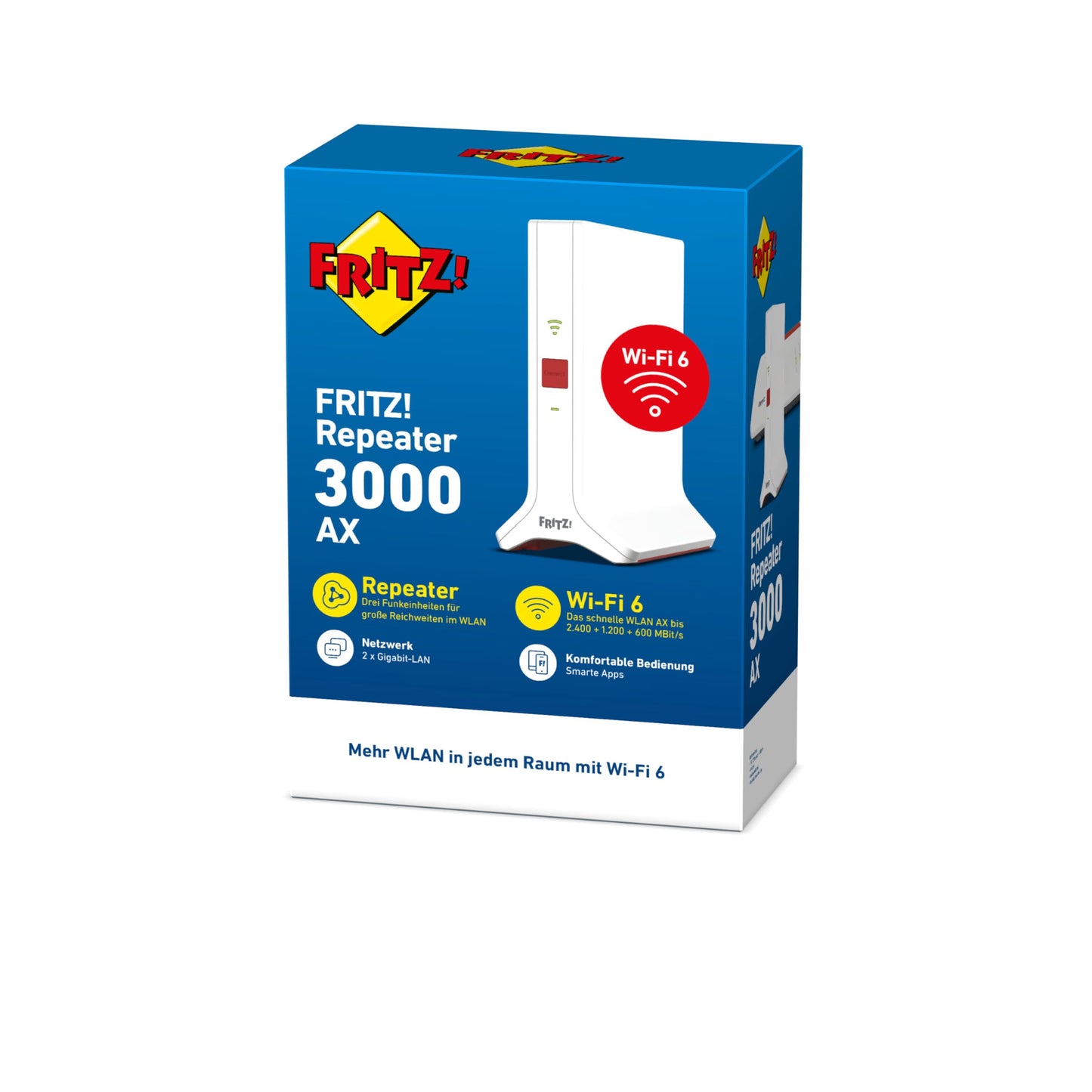 FRITZ!Repeater 3000 AX (Wi-Fi 6 Repeater mit drei Funkeinheiten und insgesamt bis zu 4.200 MBit/s: 2x 5 GHz-Band (bis zu 3.600 MBit/s), 2,4 GHz-Band (bis zu 600 MBit/s), deutschsprachige Version)