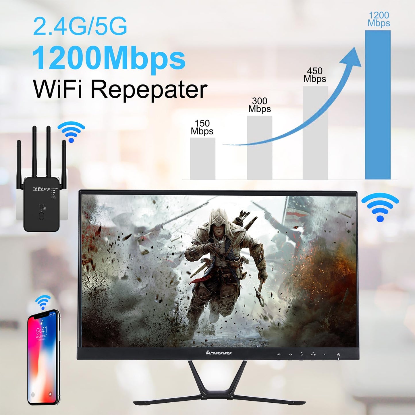 Aenxwa WLAN Repeater WLAN Verstärker 1200Mbit/s Dualband 2,4GHz+5GHz WiFi Booster mit Repeater/Router/Access Point Modus,4 Antenne,Einfache Einrichtung,WiFi Range Extender Mit LAN/WAN Port