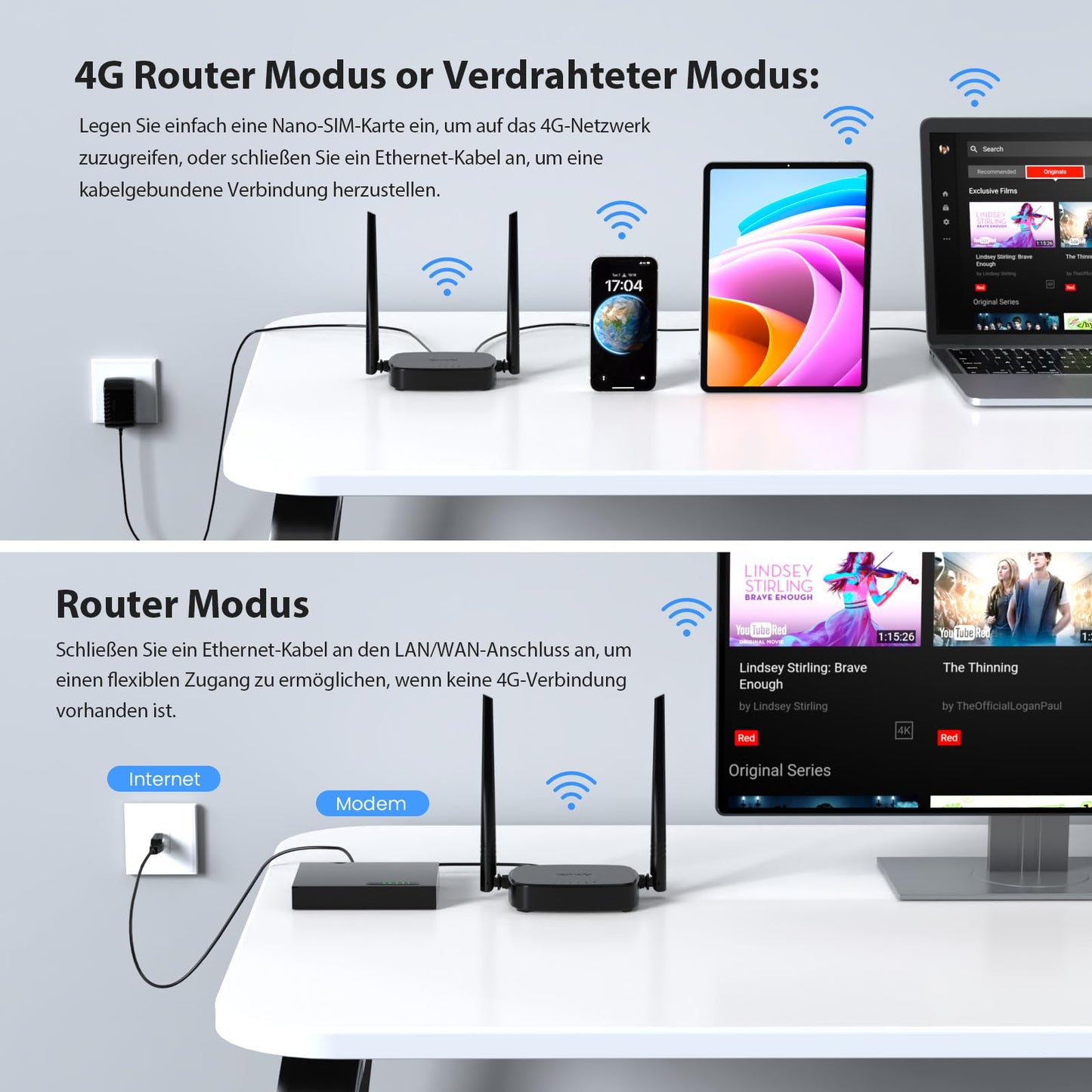 Tenda 4G03 Pro 4G LTE Router, WLAN Router für Nano-SIM-Karten (N300 CAT4, 150 Mbit/s im Download, 300 Mbit/s 2,4GHz) 2*4dBi Antennen, Plug & Play, Fast-Ethernet-Port, App, Router Modus, LED, Schwarz