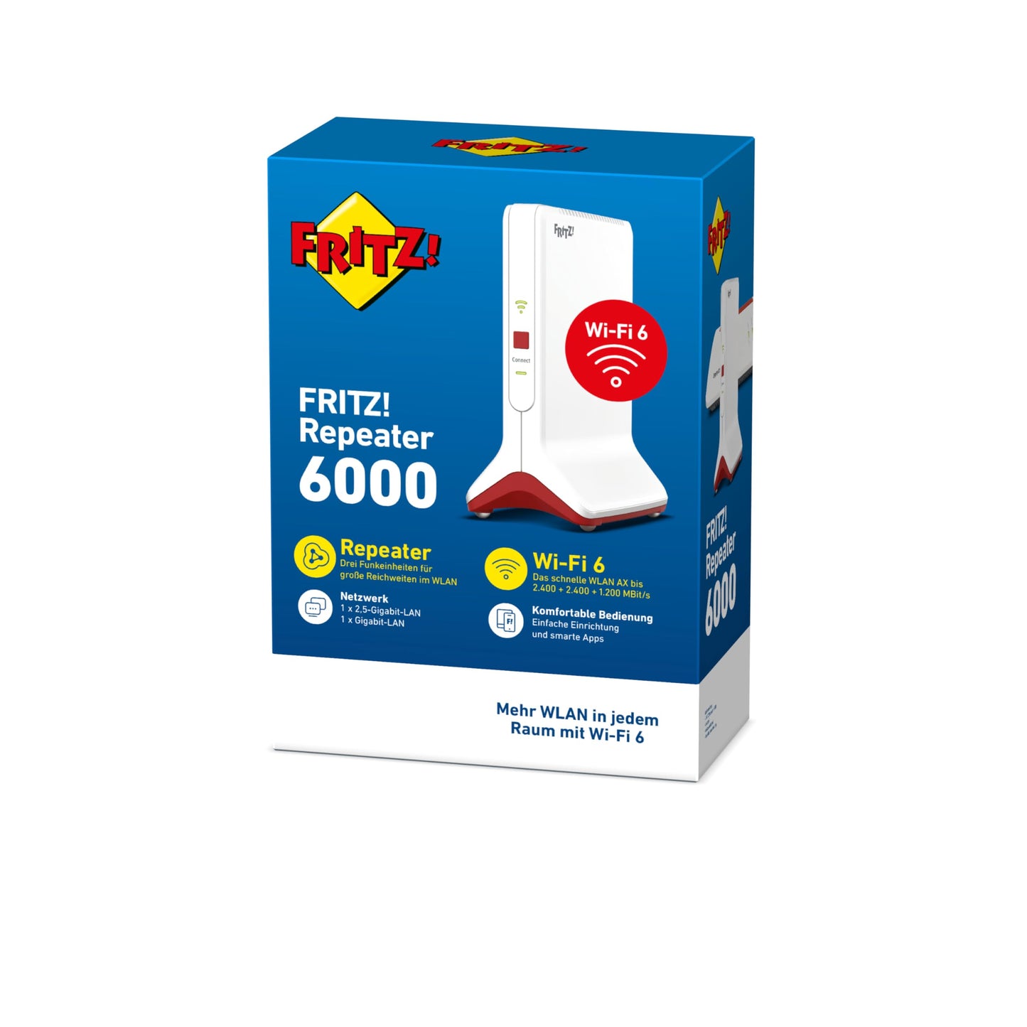 FRITZ!Repeater 6000 (WiFi 6 Repeater mit drei Funkeinheiten: 5 GHz (2 x bis zu 2.400 MBit/s), 2,4 GHz (bis zu 1.200 MBit/s), 2,5-Gigabit-LAN, deutschsprachige Version)