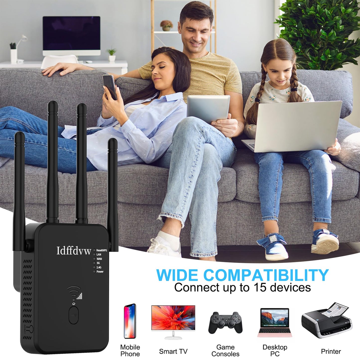 Aenxwa WLAN Repeater WLAN Verstärker 1200Mbit/s Dualband 2,4GHz+5GHz WiFi Booster mit Repeater/Router/Access Point Modus,4 Antenne,Einfache Einrichtung,WiFi Range Extender Mit LAN/WAN Port