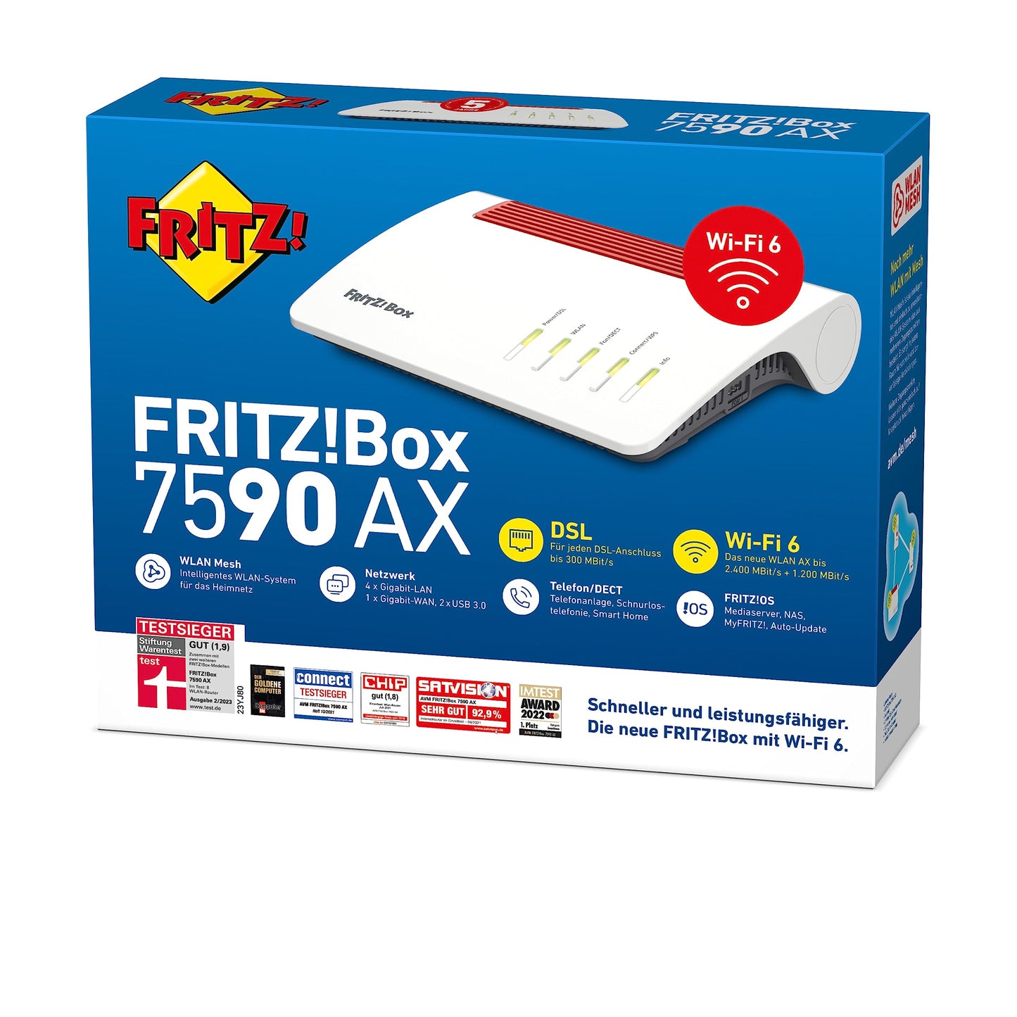 FRITZ!Box 7590 AX (Wi-Fi 6 DSL-Router mit 2.400 MBit/s (5GHz) & 1.200 MBit/s (2,4 GHz),bis zu 300 MBit/s mit VDSL-Supervectoring 35b,WLAN Mesh,DECT-Basis,deutschsprachige Version)