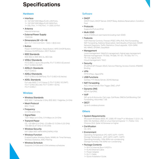 TP-Link VX231v Wi-Fi 6 VDSL Modem Router, VDSL2 35b 300 Mbit/s, 4× Gigabit-Ports, AX1800 Dual-Band WLAN, Unterstützt Telekom, O2, 1&1, nicht Vodafone MIC, nur für Deutschland