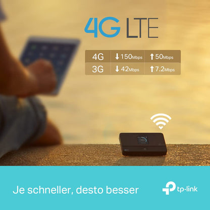 TP-Link M7350 - 4G (CAT4) Tragbarer WLAN-Router, MiFi, Farbbildschirm, 150 Mbit/s, 2000-mAh-Akku (8 Std.), Verbindung von 10 Geräten gleichzeitig, einfache Konfiguration, Farbe Schwarz