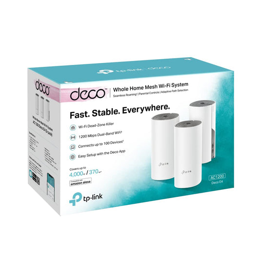 TP-Link Deco E4 Mesh WLAN Set (3er Pack), AC1200 Dual Band Router & Repeater (Reichweite bis zu 370m², ideal für große Häuser mit mehreren Geräten, 6x 100Mbit/s Ports) weiß