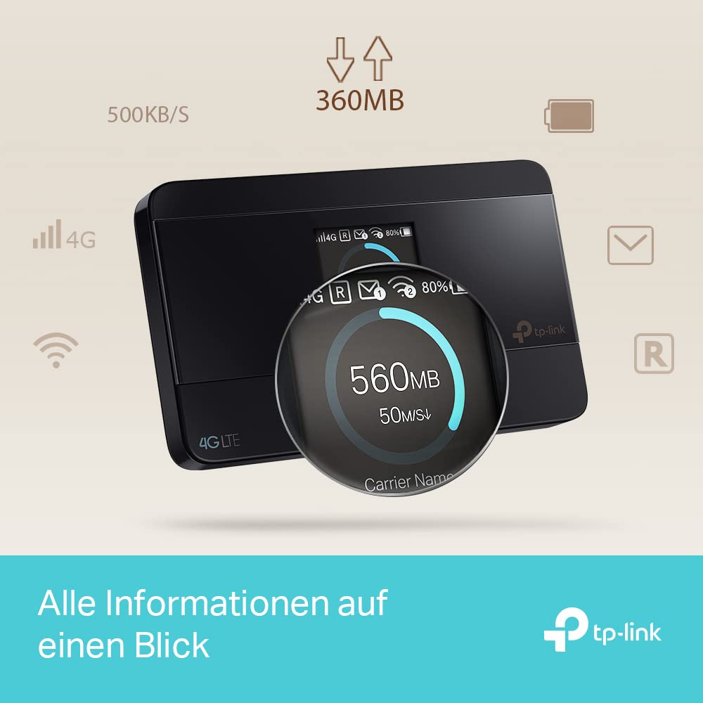 TP-Link M7350 - 4G (CAT4) Tragbarer WLAN-Router, MiFi, Farbbildschirm, 150 Mbit/s, 2000-mAh-Akku (8 Std.), Verbindung von 10 Geräten gleichzeitig, einfache Konfiguration, Farbe Schwarz