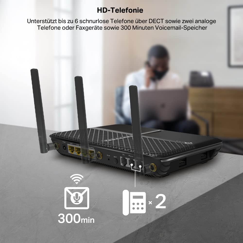 TP-Link Archer VR2100v WLAN Telefonie VDSL DSL Modem Router, VDSL2 35b 350 Mbit/s, AC2100 Dual-Band WLAN, USB 3.0, Unterstützt Telekom, O2, 1&1, nicht Vodafone MIC, nur für Deutschland