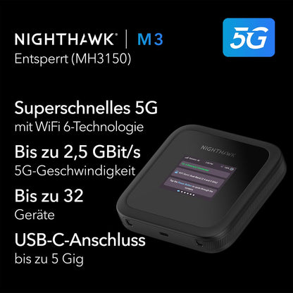 NETGEAR Nighthawk M3 – 5G Router SIM Karte, Mobiler WLAN Router | bis zu 2,5 GBit/s – SIM-Steckplatz entsperrt – Tragbarer WLAN-Hotspot z– 5G- und 4G-MiFi, bis zu 32 Geräte (MH3150)