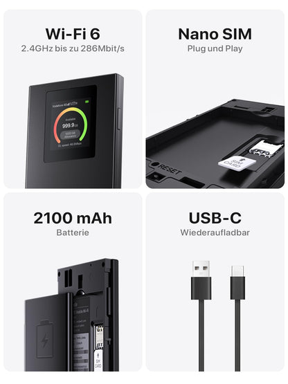 Tenda Mobiler WLAN Router mit LCD-Anzeige, Wi-Fi 6 Tragbarer Hotspot, 2100mAh Akku, USB-C-Port, Plug & Play, WPA3, 4G-Modem, MiFi, Mini-Größe, kompatibel mit entsperrter Nano-SIM-Karten, MF6