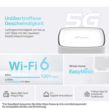 TP-Link Archer NX200 LTE WLAN Router, 5G Router SIM-Karte, AX1800 Dualband-WLAN 6, 3 x Gigabit-Ports, MU-MIMO, Web- und APP-Verwaltung, Plug-and-Play