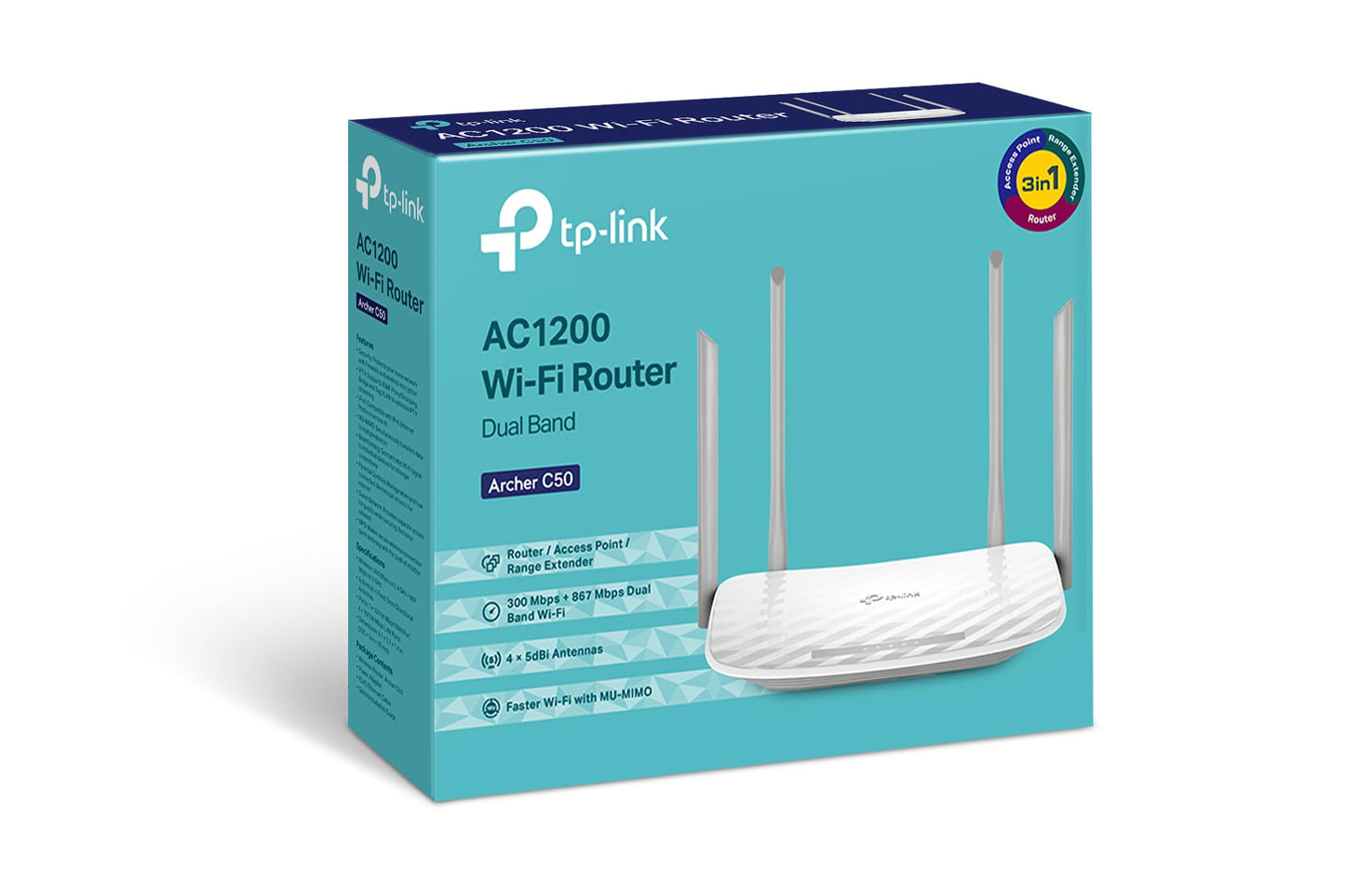 TP-Link Archer C50 AC1200 Dualband WLAN Wireless WiFi Router(Unterstützt keine DSL-Funktion, 300 Mbit/s(2.4GHz)+867 Mbit/s(5GHz), App Steuerung, IPv6, USB 2.0, Print/Media/FTP Server),‎Weiß