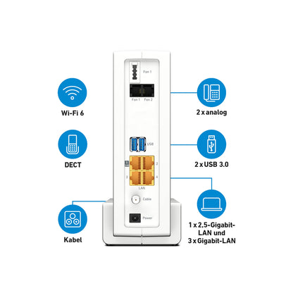 FRITZ!Box 6690 Cable | Router für einen Kabelanschluss (DOCSIS 3.1-Kabel-Modem, 4x4 Wi-Fi 6 (WLAN AX) mit 4.800 MBit/s (5 GHz) + 1.200 MBit/s (2,4 GHz), 1x 2,5-Gigabit-LAN-Anschluss, USB 3.0, DECT)
