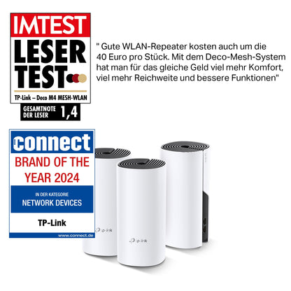 TP-Link Deco M4 Mesh WLAN Set (3er Pack), AC1200 Dual Band Router & Repeater, 2x Gigabit Ports für jede Einheit, empfohlen für Häuser mit 3-5 Schlafzimmern, Umfassender Jugendschutz