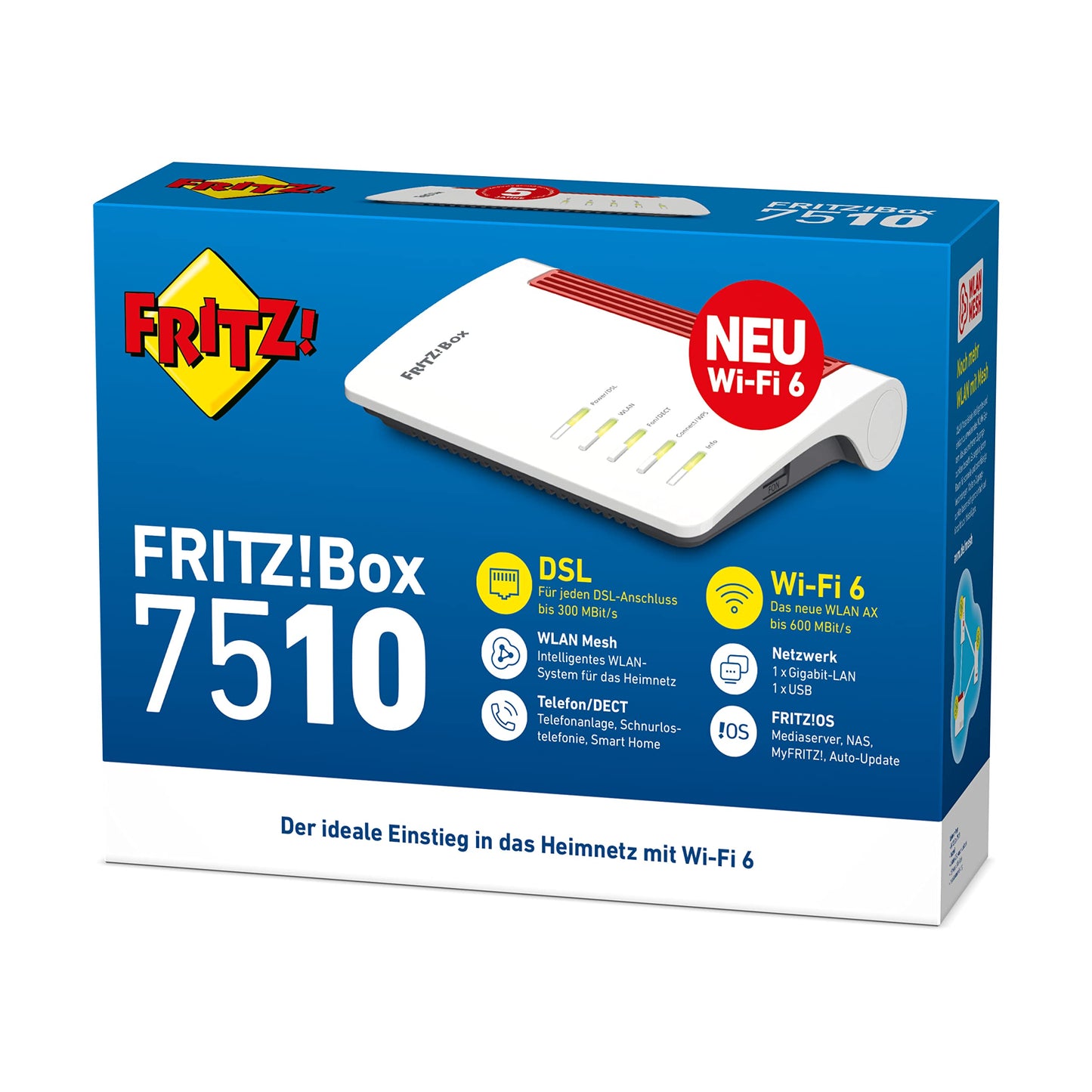 FRITZ!Box 7510 (Wi-Fi 6 DSL-Router (WLAN AX), bis zu 600 MBit/s (2,4 GHz), VDSL-Supervectoring 35b bis zu 300 MBit/s, WLAN Mesh, DECT-Basis, Media Server, geeignet für Deutschland)