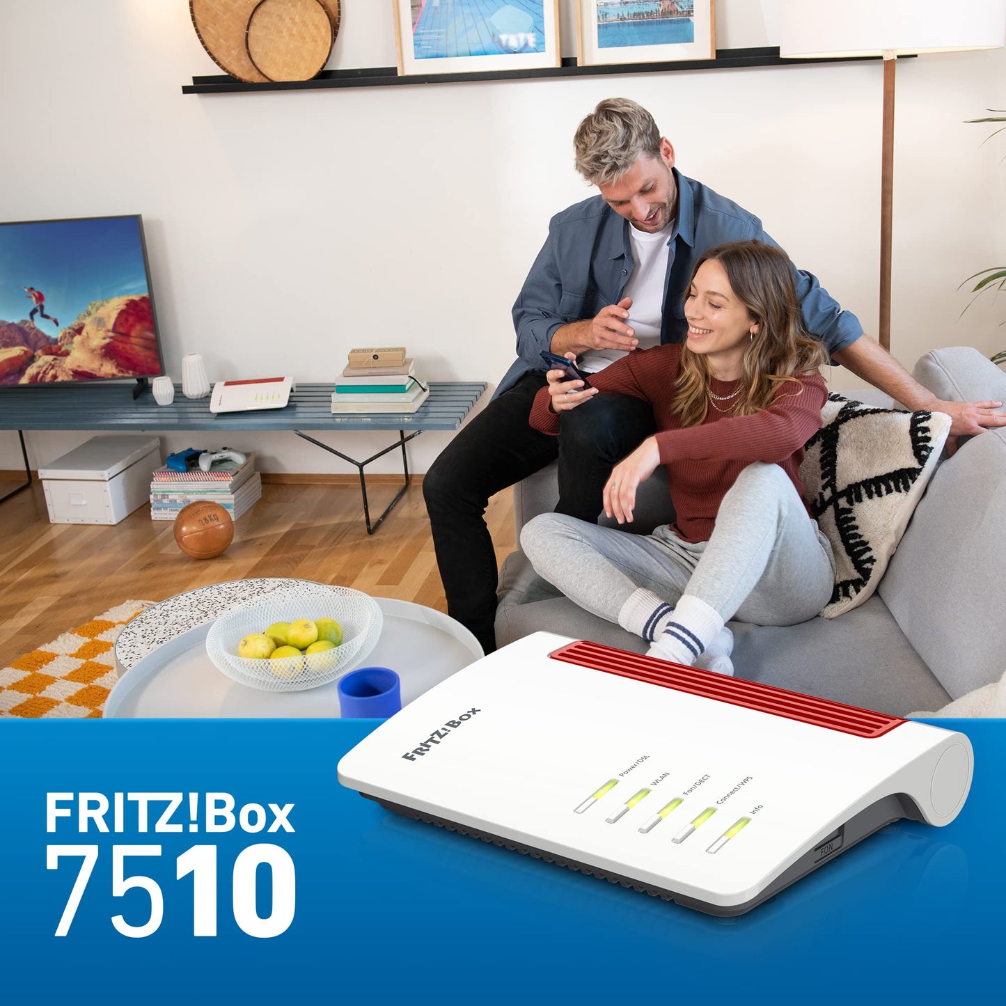 FRITZ!Box 7510 (Wi-Fi 6 DSL-Router (WLAN AX), bis zu 600 MBit/s (2,4 GHz), VDSL-Supervectoring 35b bis zu 300 MBit/s, WLAN Mesh, DECT-Basis, Media Server, geeignet für Deutschland)