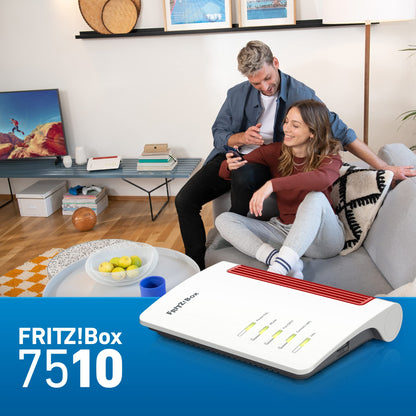 FRITZ!Box 7510 (Wi-Fi 6 DSL-Router (WLAN AX), bis zu 600 MBit/s (2,4 GHz), VDSL-Supervectoring 35b bis zu 300 MBit/s, WLAN Mesh, DECT-Basis, Media Server, geeignet für Deutschland)